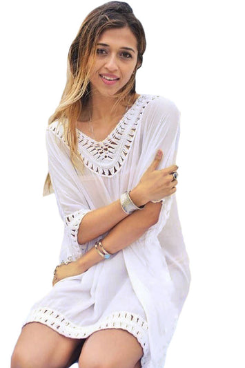 White Hand Crochet Detail Boho Style Beach Dress