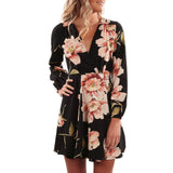 Women Floral Printing V Collar Dress Long Sleeve Mini Dress Fit and Flare Party Dress with Sashes vestidos mujer