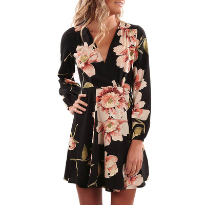 Women Floral Printing V Collar Dress Long Sleeve Mini Dress Fit and Flare Party Dress with Sashes vestidos mujer