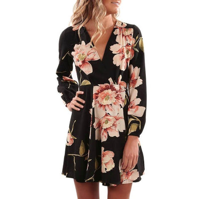 Women Floral Printing V Collar Dress Long Sleeve Mini Dress Fit and Flare Party Dress with Sashes vestidos mujer