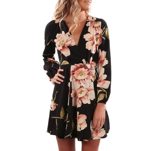Women Floral Printing V Collar Dress Long Sleeve Mini Dress Fit and Flare Party Dress with Sashes vestidos mujer