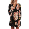 Women Floral Printing V Collar Dress Long Sleeve Mini Dress Fit and Flare Party Dress with Sashes vestidos mujer